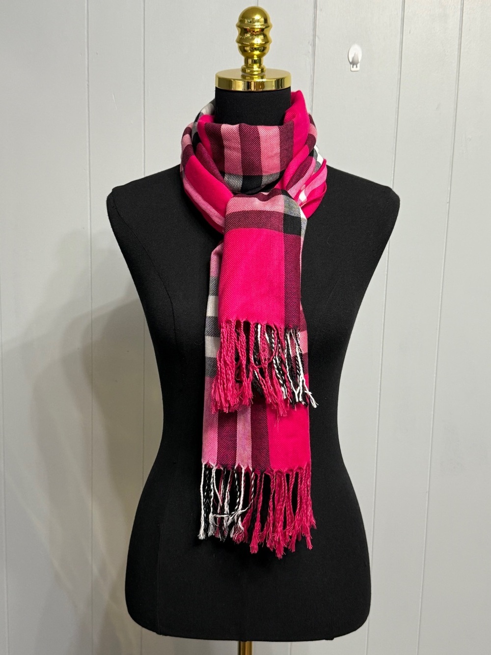 Soft Large Pink Plaid Fringe Scarf - Women Accessories